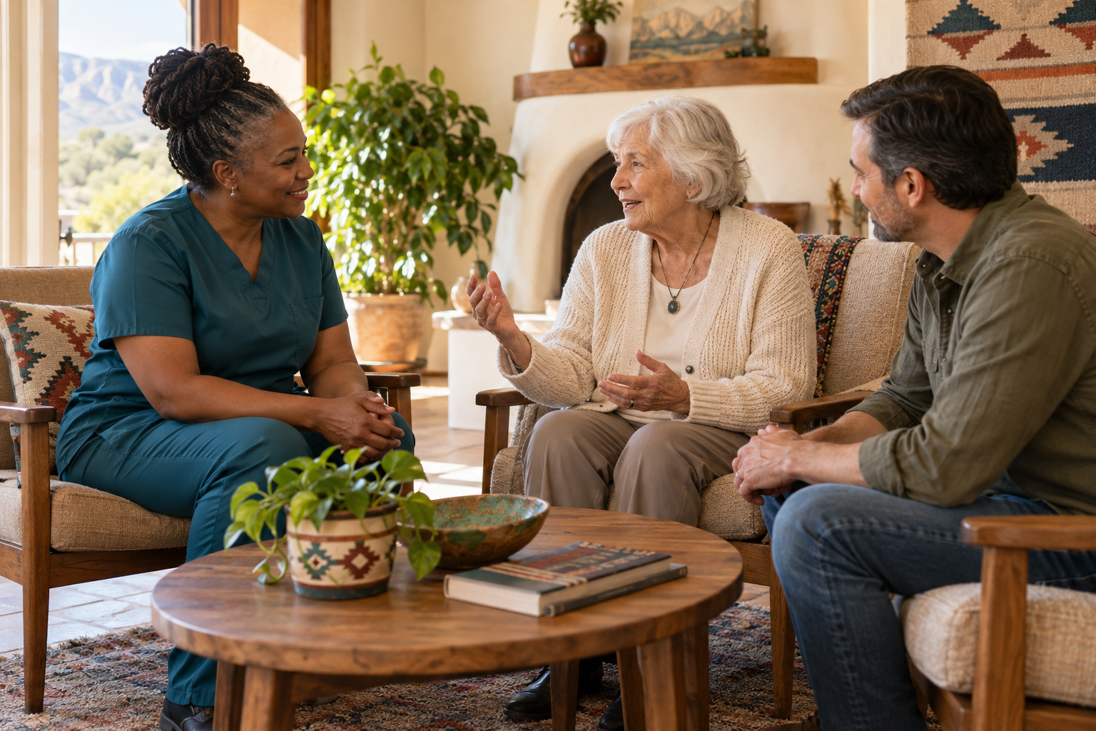 Caregiver listening to an older woman and a family member at home