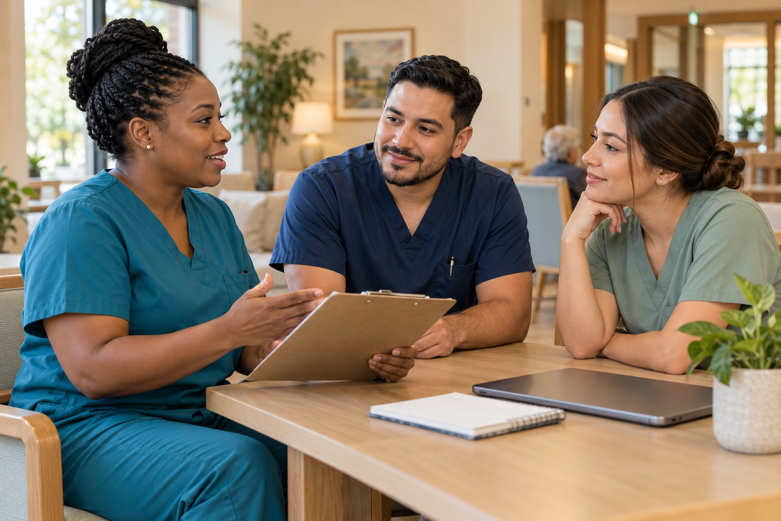 Three healthcare professionals collaborating in a care facility