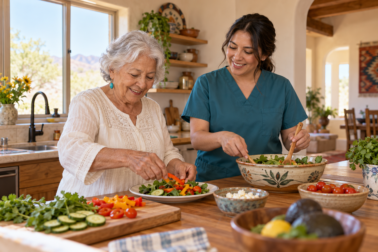 Caregiver and older woman preparing lunch together in a warm kitchen