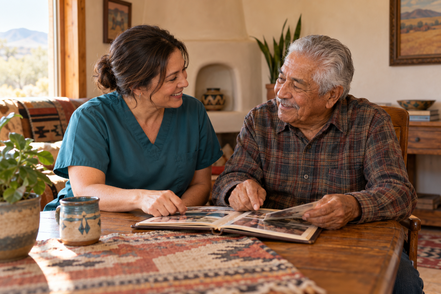 Caregiver and older adult sharing a family photo album at home