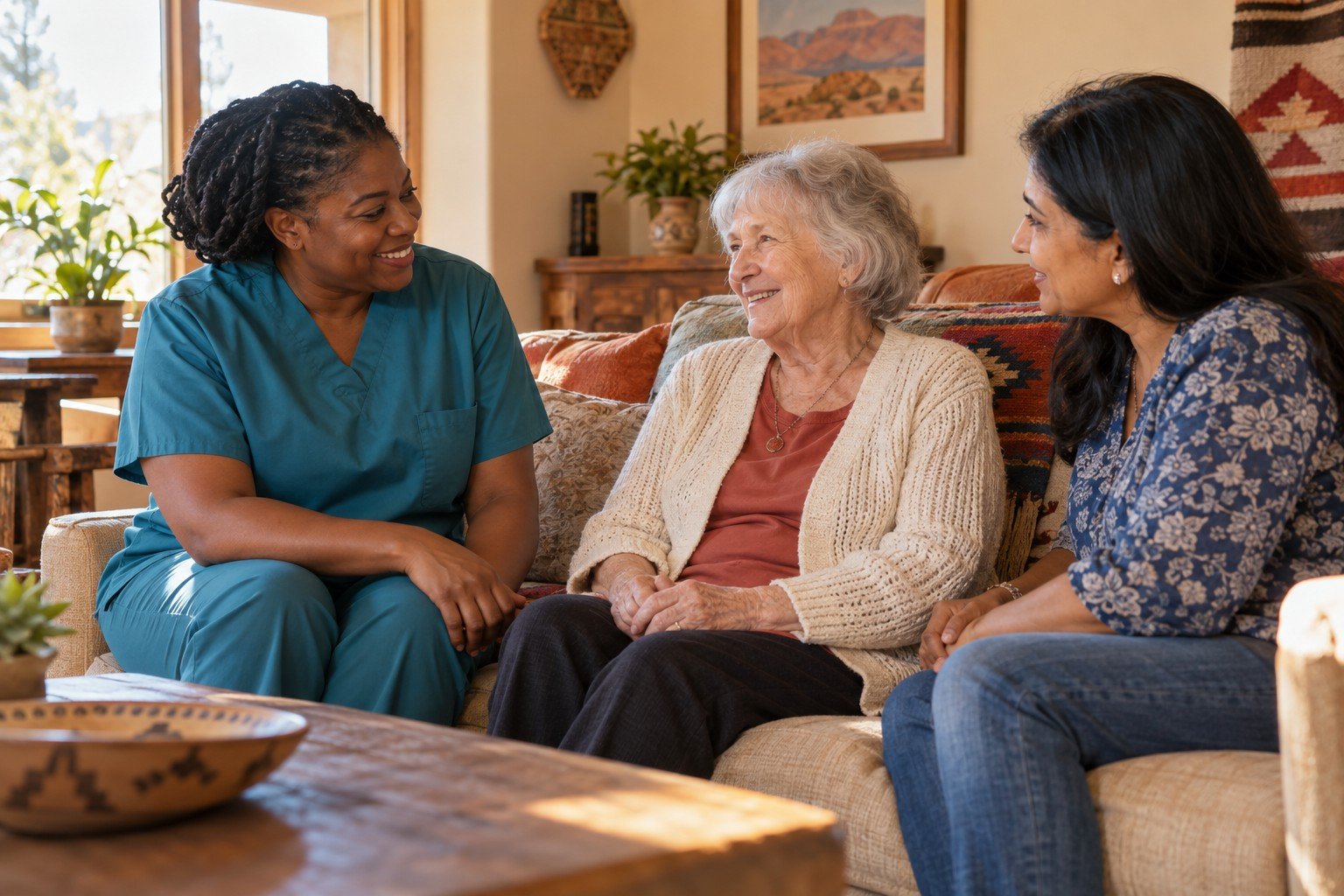 Caregiver sharing a warm moment with an older adult and her family at home